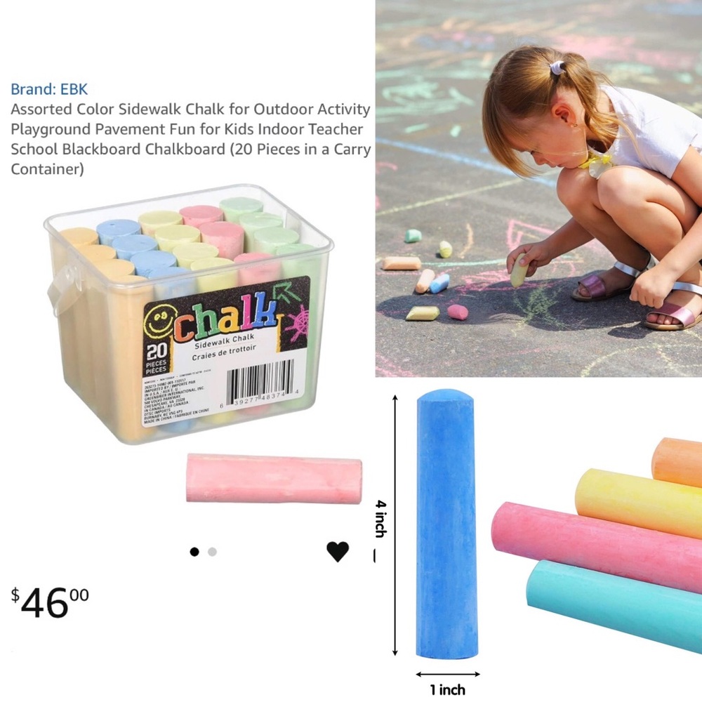 Sidewalk Chalk, 
20 jumbo pieces, 5 pastel colors, 
non-toxic‼️, easily washable